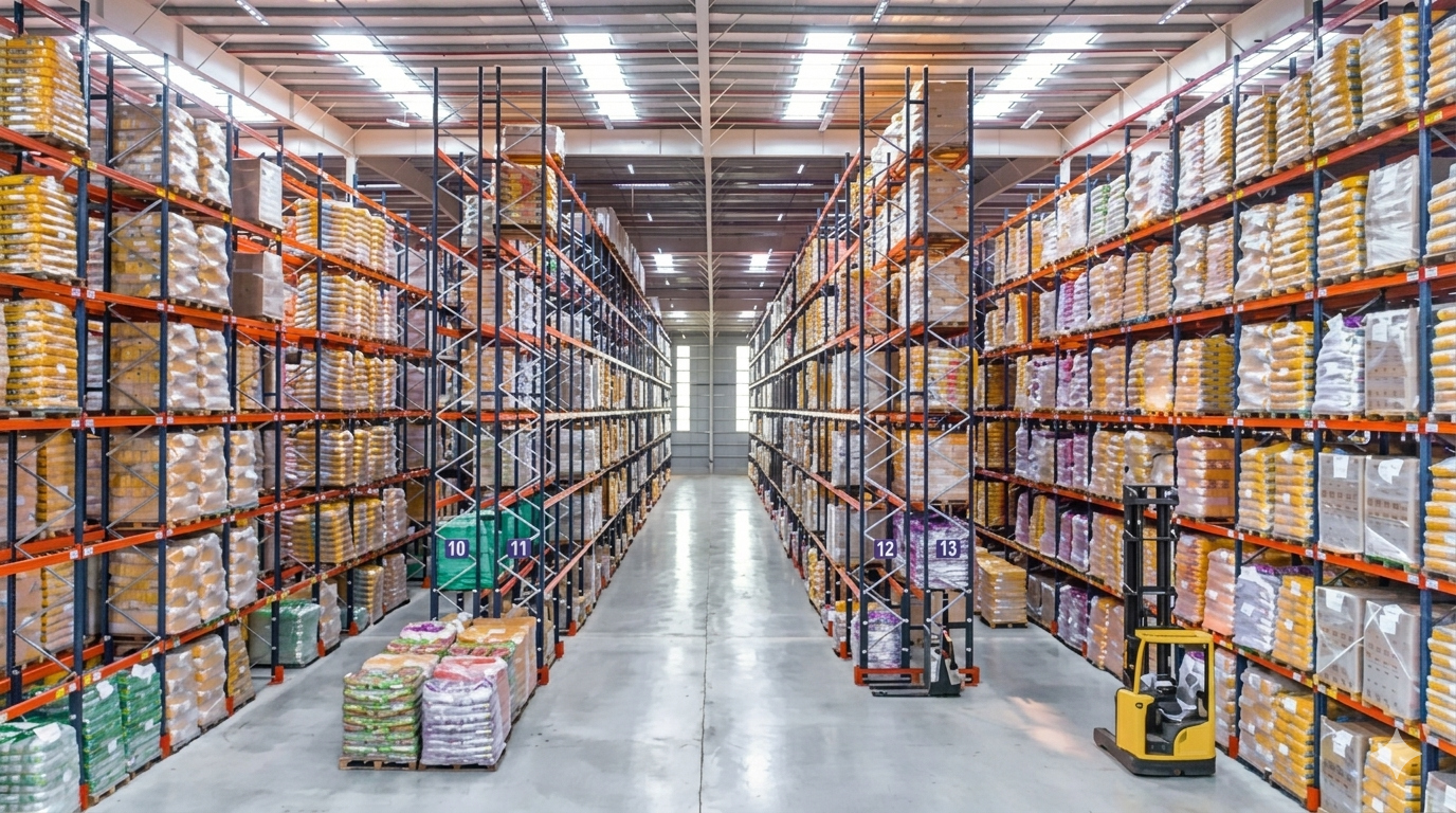 High-density industrial warehouse racking system with palletized goods in a modern distribution center.
